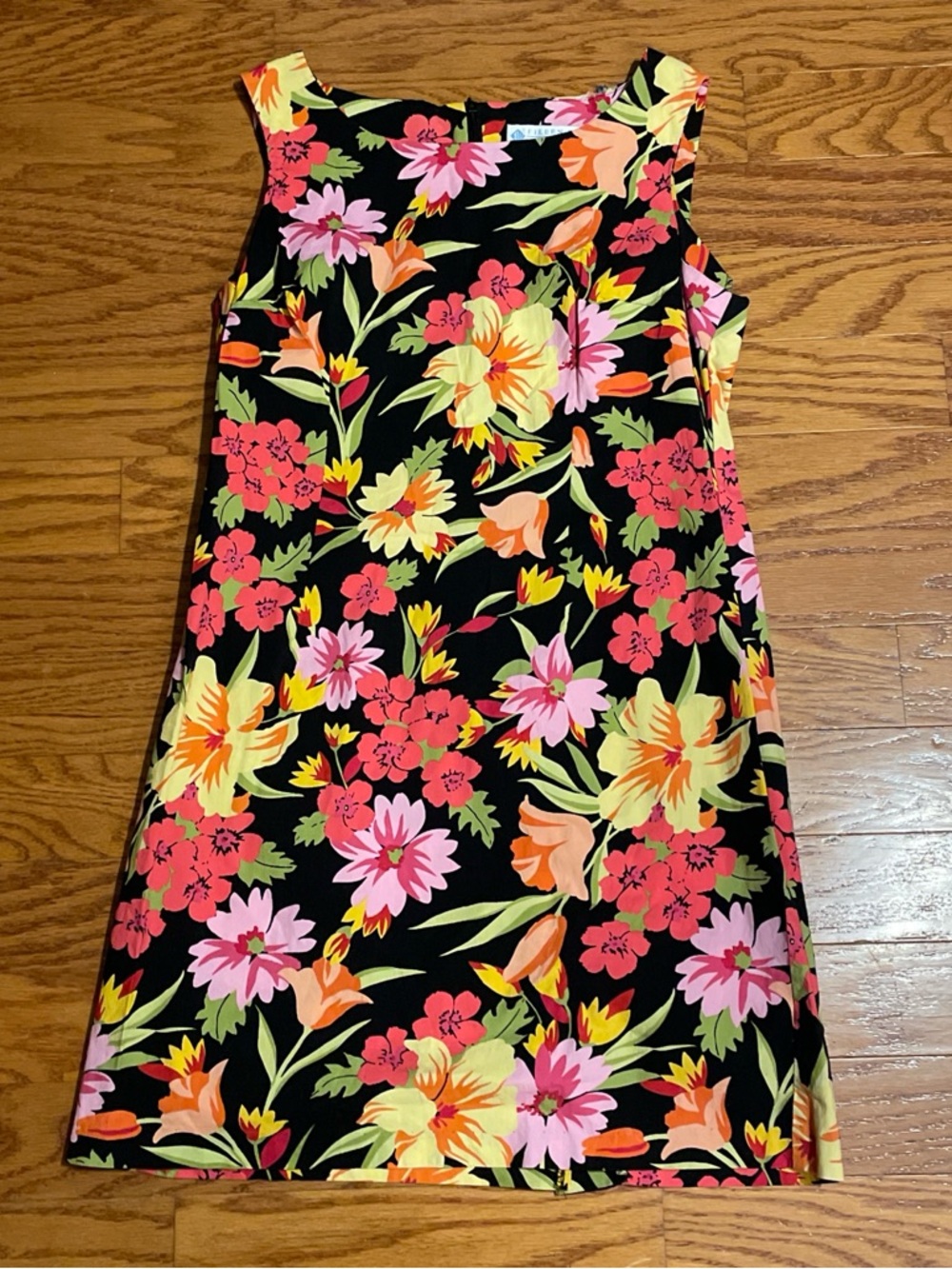 Eileen West Vintage Black Floral Mini Dress with Pink, Yellow & Orange Flowers
